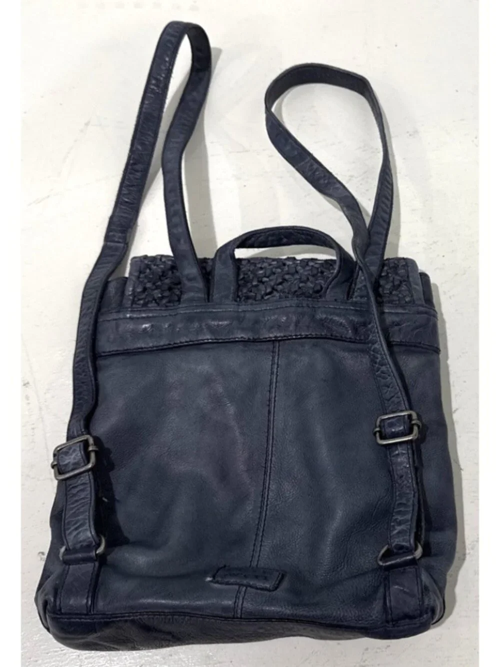 Frye and Co Blue Esme Leather Backpack Purse Braided Leather Flap Adjustable